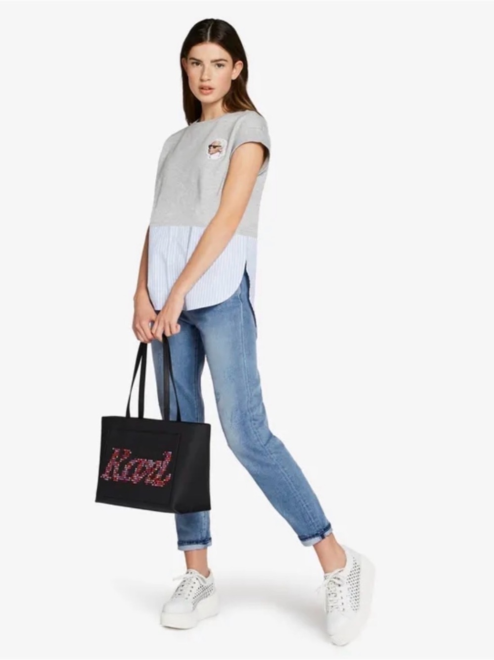 Karl Lagerfeld x Yoni Alter Grey Sweatshirt Blue Stripe Layered Top Small S